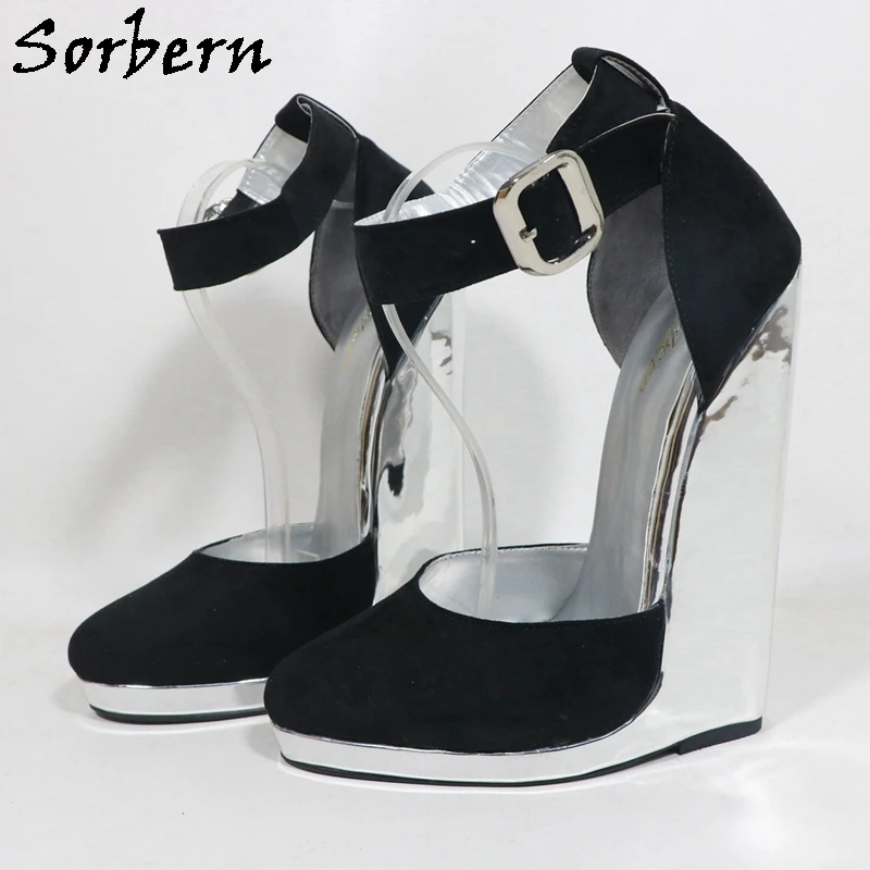 Sorbern Unique Silver Metallic Women Shoes Wedge High Heels Ankle Strap Round Toe Thick Rubber Soles Unisex Style Pump