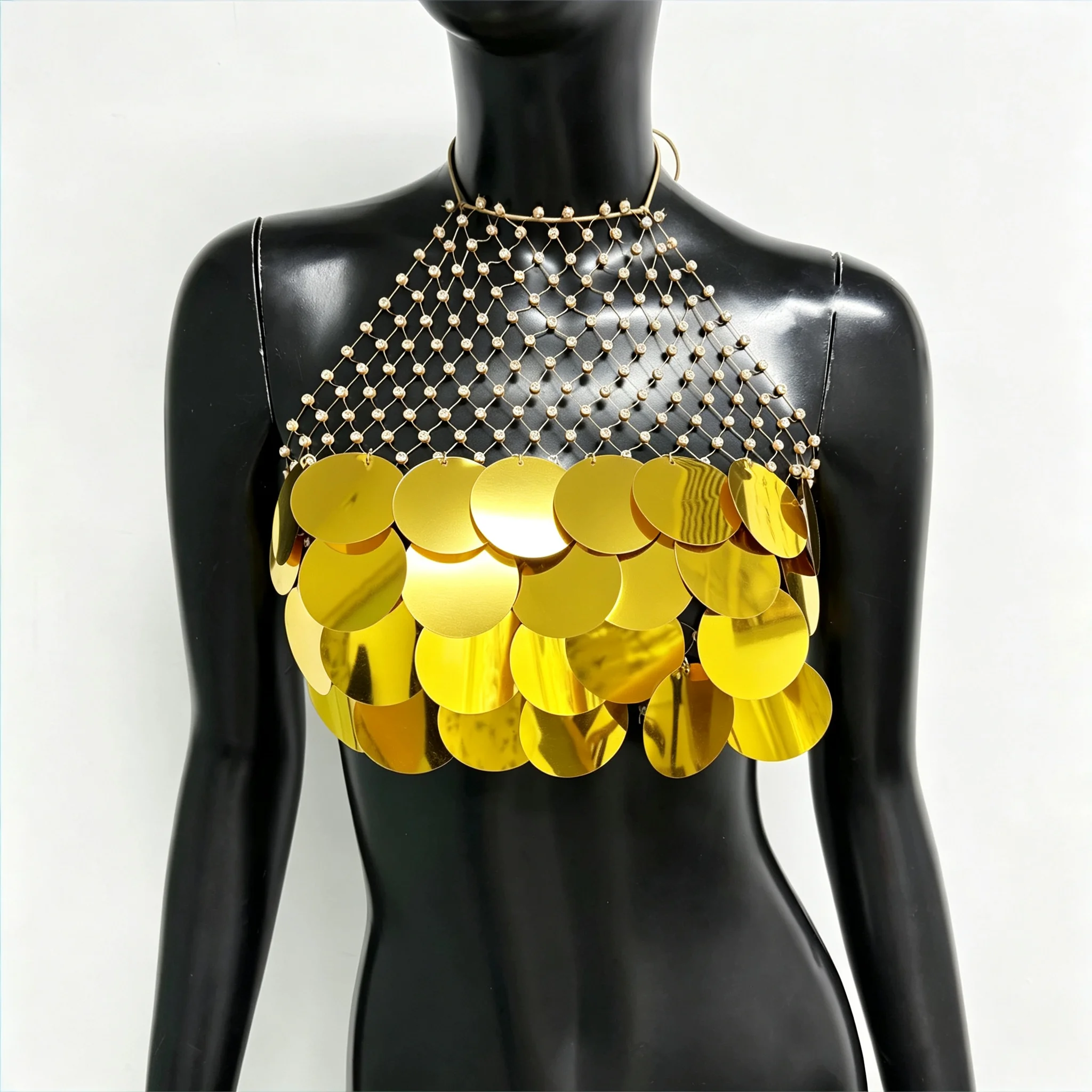 Dazzling Acrylic Sequins Women Tank Top Sexy Hollow Sheer Mesh Rhinestone Backless Halter Neck Crop Top Festival Party Camisole