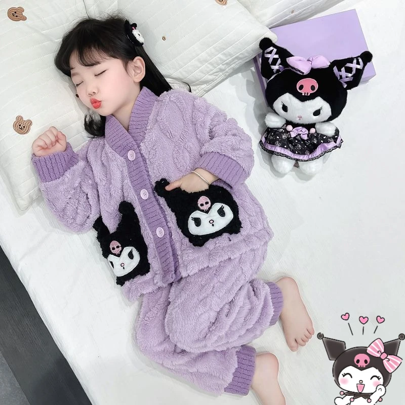 

Sanrio Kuromi милые студенческие пижамы с героями мультфильмов Kawaii для девочек, осенне-зимний утолщенный теплый комплект домашней одежды из кораллового флиса, подарок