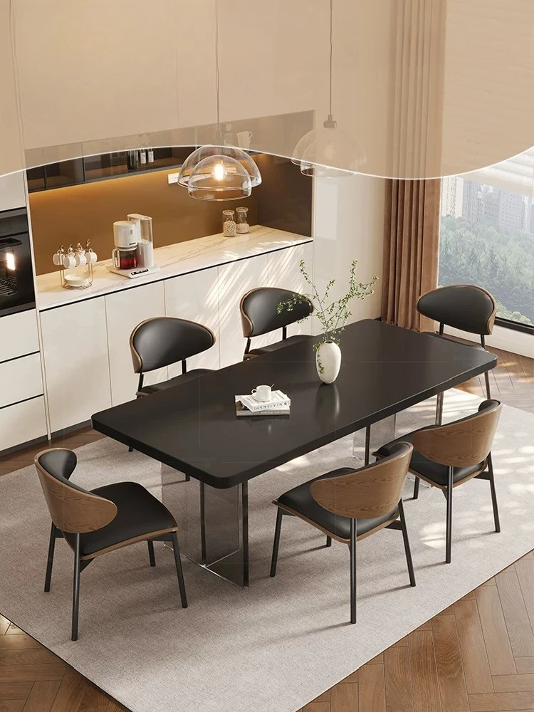 Italian household black rock slab dining table minimalist acrylic suspension modern dining table and chair combination furniture