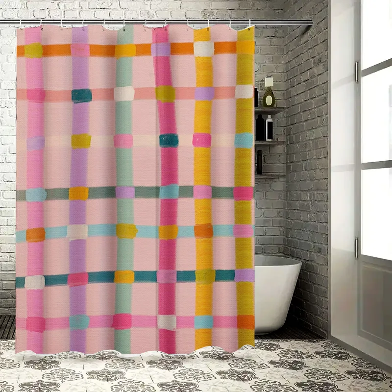 Mehrfarbiger karierter Duschvorhang, wasserdichter Badteppicheinlage für Badezimmerdekoration, Rosa, Gelb, Grün (180 x 180 cm)