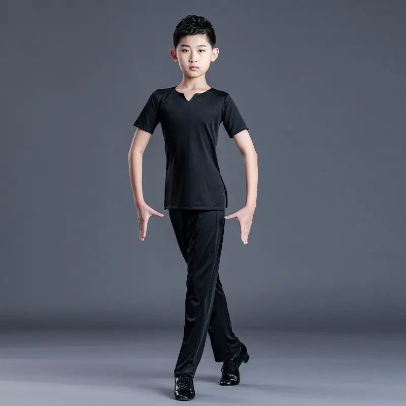 Roupa de dança profissional infantil, curta, manga comprida, menino de salão, dança latina, tango competição terno, camisa e calça salsa