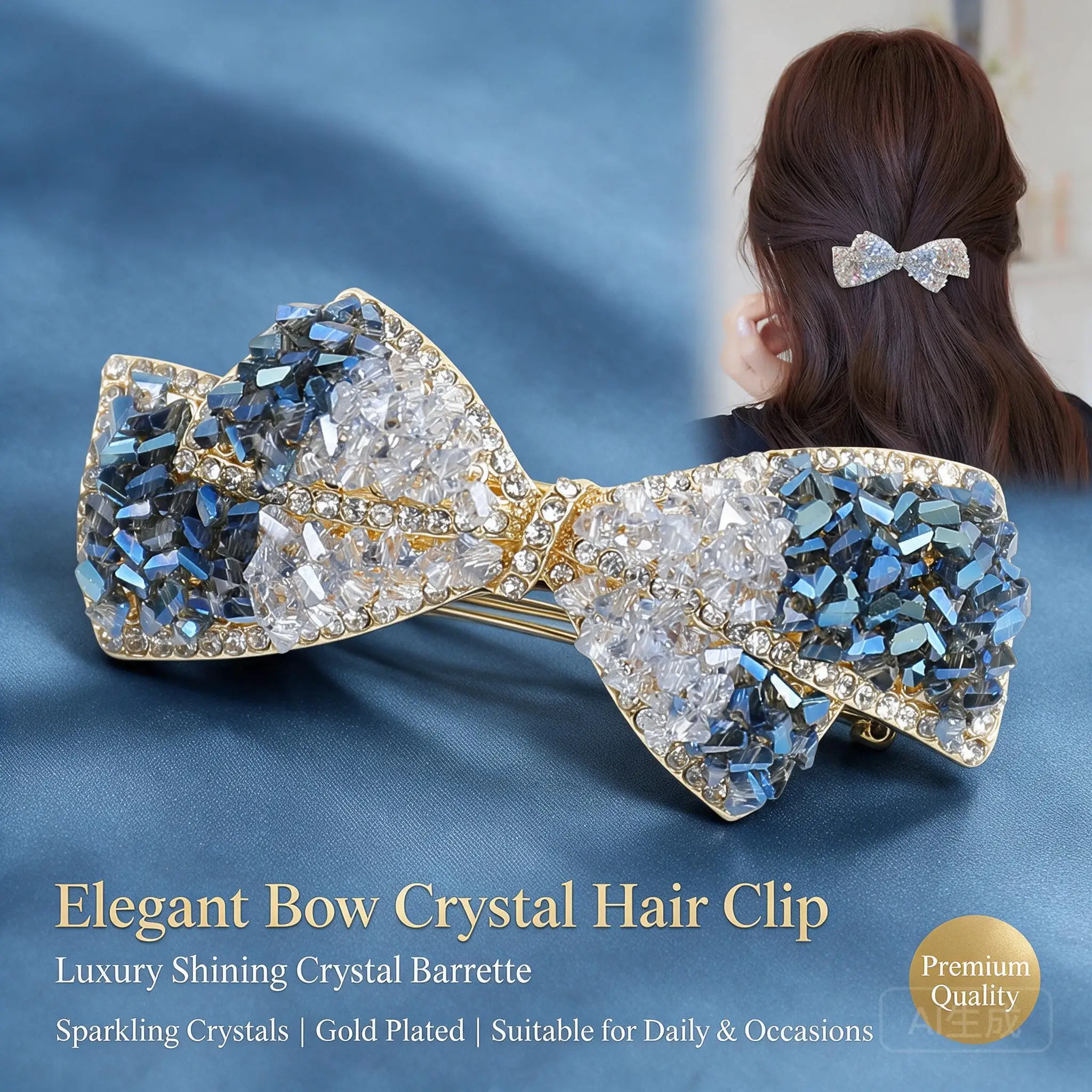 Handmade Crystal Rhinestone Bow Large Spring Hair Clip Non Slip For Women Half Up Elegant Blue White Gold Plated Hair Accessory