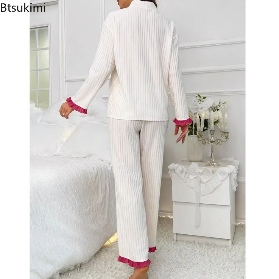 2025 Autumn Women's V-Neck Long Sleeved Pants Pajama Set High End Sweet Splicing Lace Home Clothes Comfortable Casual Sleepwear