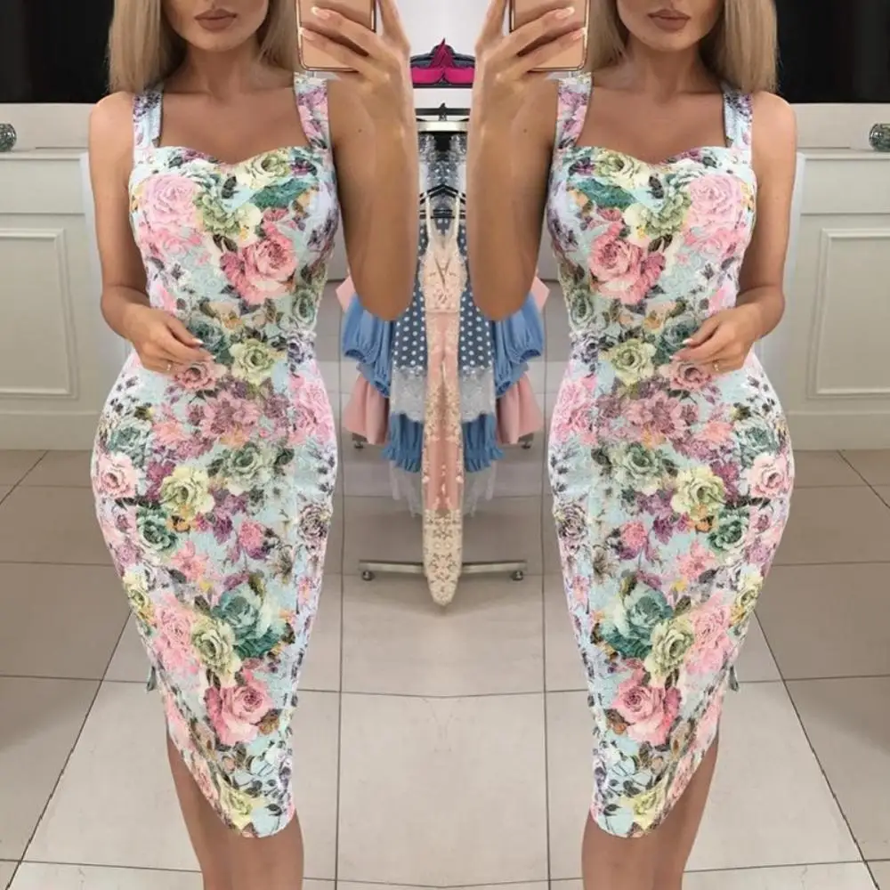 

HOT SALES!!! Evening Party Vintage Rose Flower Print Women Sleeveless Bodycon Midi Dress