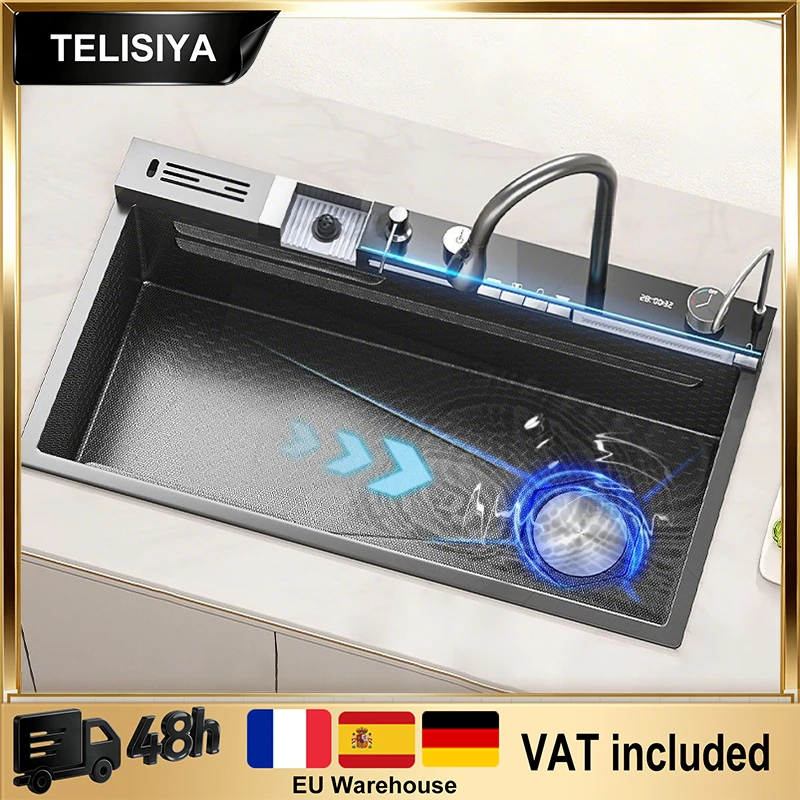 

Intelligent Digital Display Large Single Solt Waterfall Stainless Steel Kitchen Sink Multifunctional With Knife Rack Wash Basin