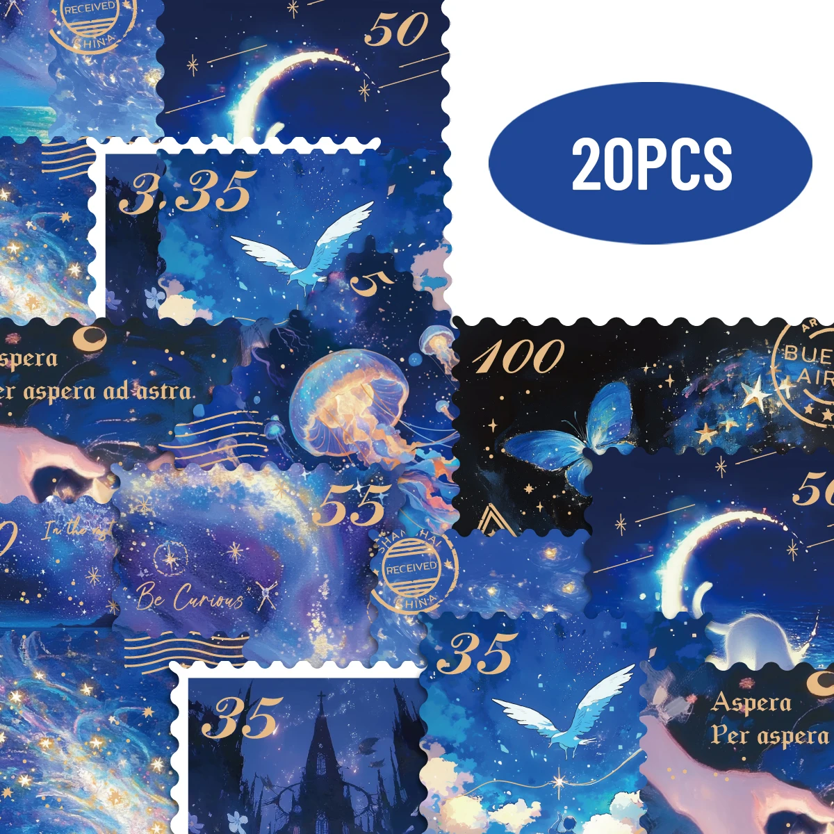 

30 шт. наклейки с рисунком синей медузы и звезды для тетрадей, бутылок с водой, багажа, конвертов, позолота, наклеек