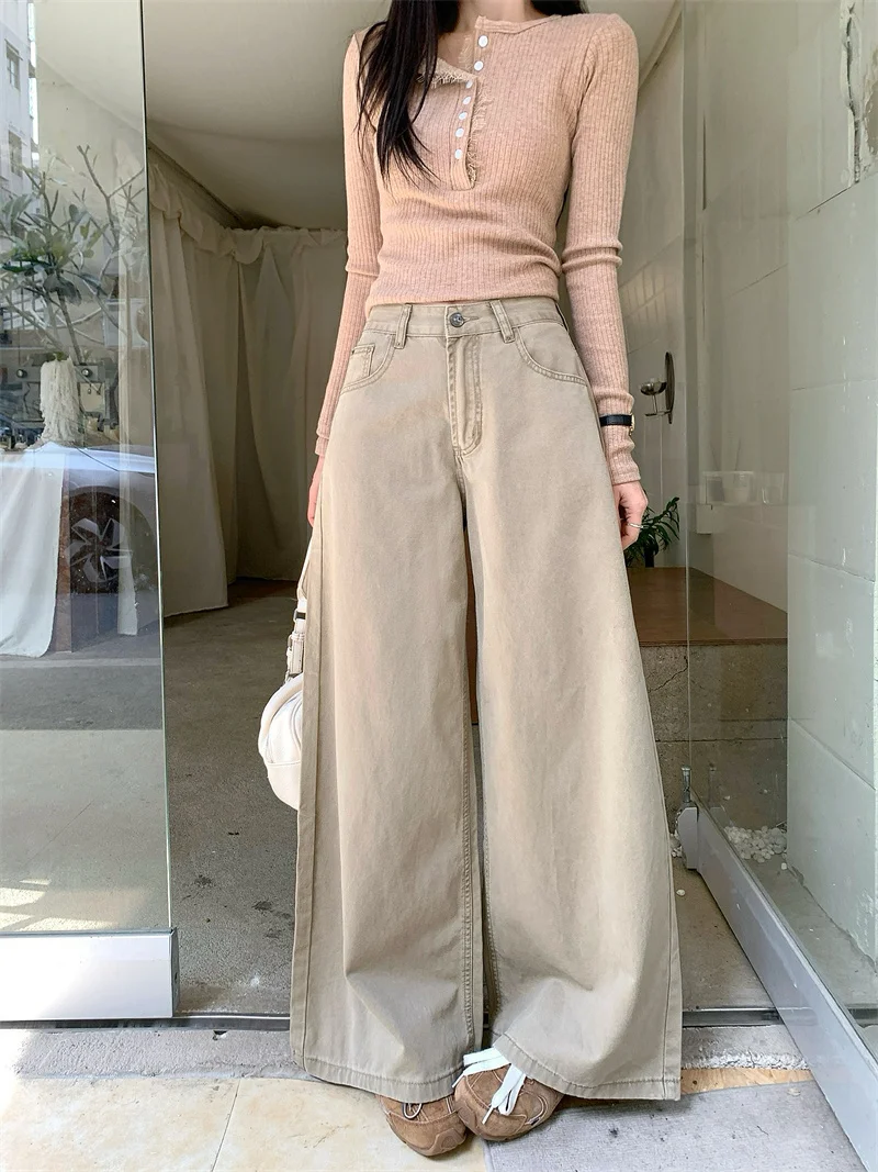 

American Style High Waist Loose Straight Leg Jeans Women's Khaki Color Slimming Wide Leg Pants Spring Season Floor Length