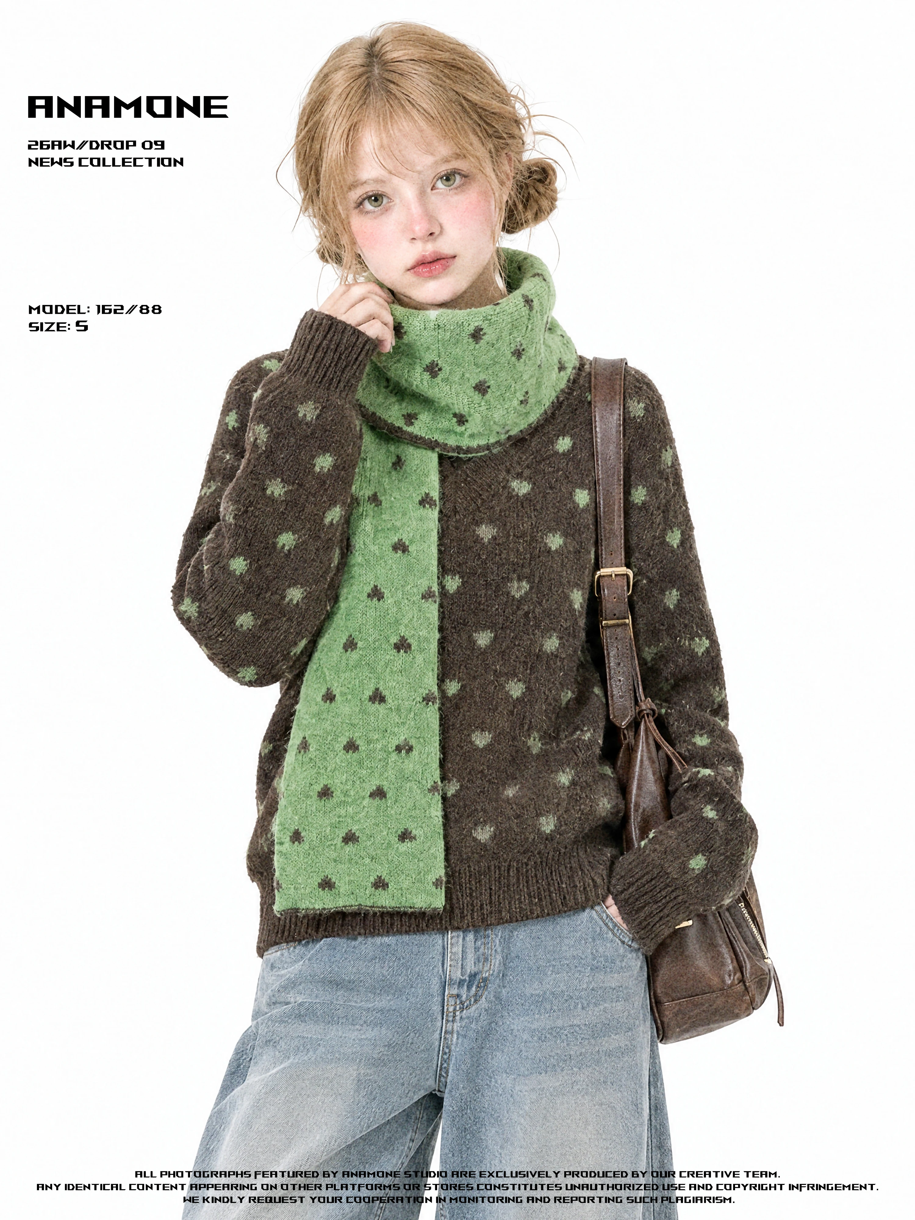 ANAMONE Polka Dot Knitted Sweater Women's Autumn Winter Vintage Style Outerwear with Scarf Loose Fit Regular Length Polyester...