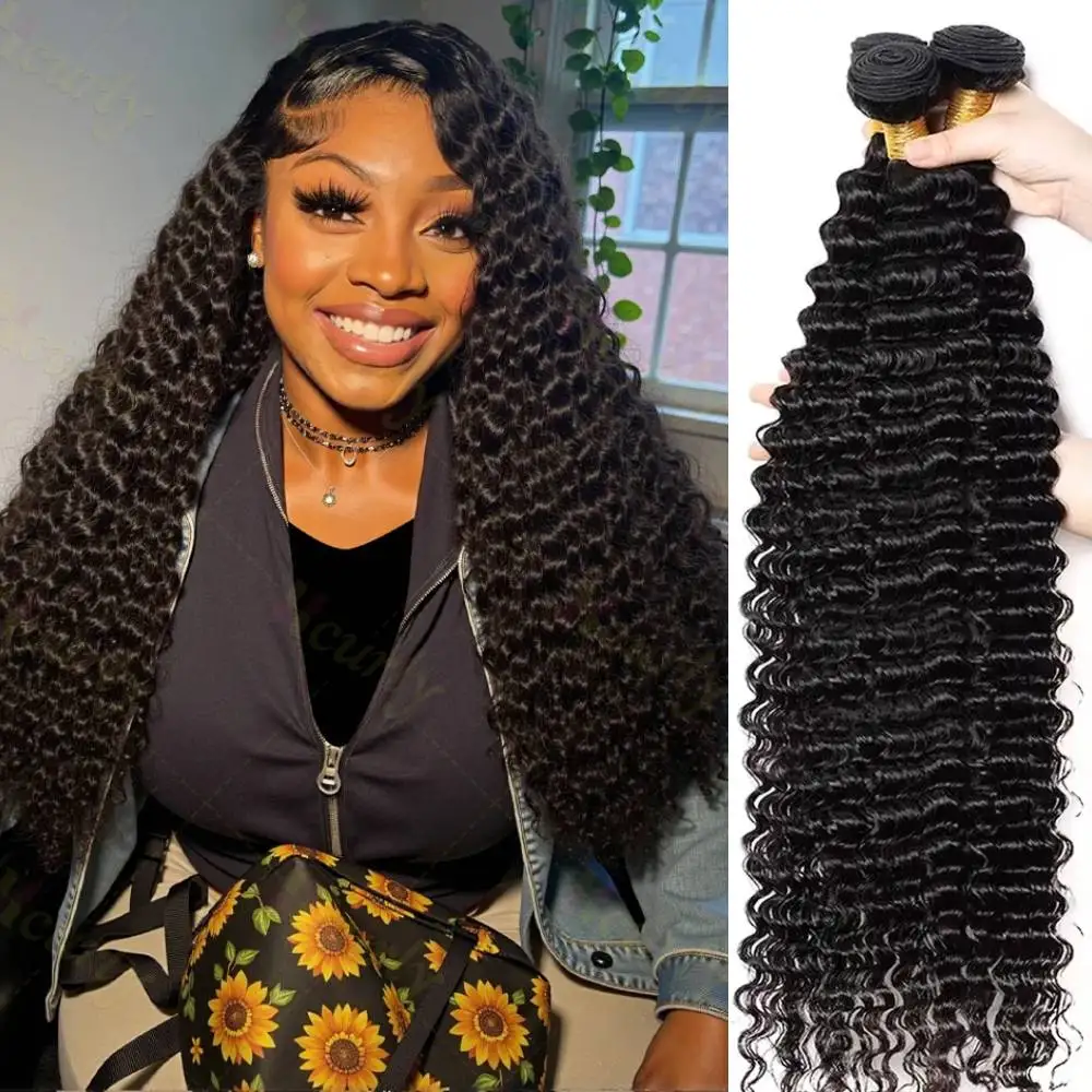 Bundles Deep Wave Human Hair Wig 30 40 Inch Long Extensions Remy Brazilian Hair 1/3/4 Pcs Natural Black Colored Human Hair For Women