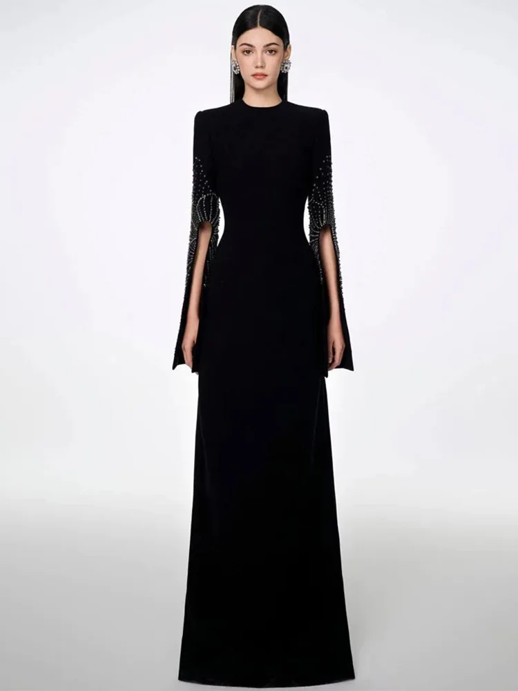 HIGH STREET Última Moda 2026 Vestido de Festa Designer Feminino Longo Maxi com Mangas com Fenda e Bordado de Diamantes