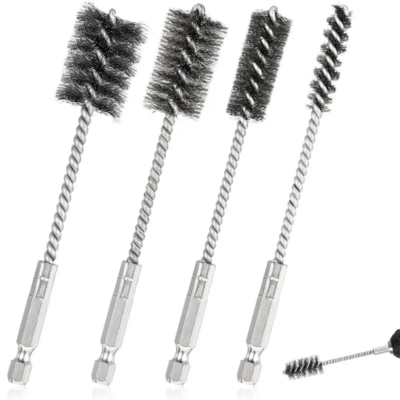 AS60-4 Pcs Wire Brushes For Drill Stainless Steel Bore Brush Set 3/8In 1/2In 3/4In 7/8In For Drill Ports Tubes Bearings