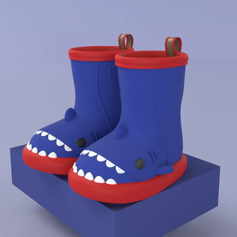 Botas de lluvia impermeables para niños y niñas, zapatos de tiburón de dibujos animados, antideslizantes, suela suave