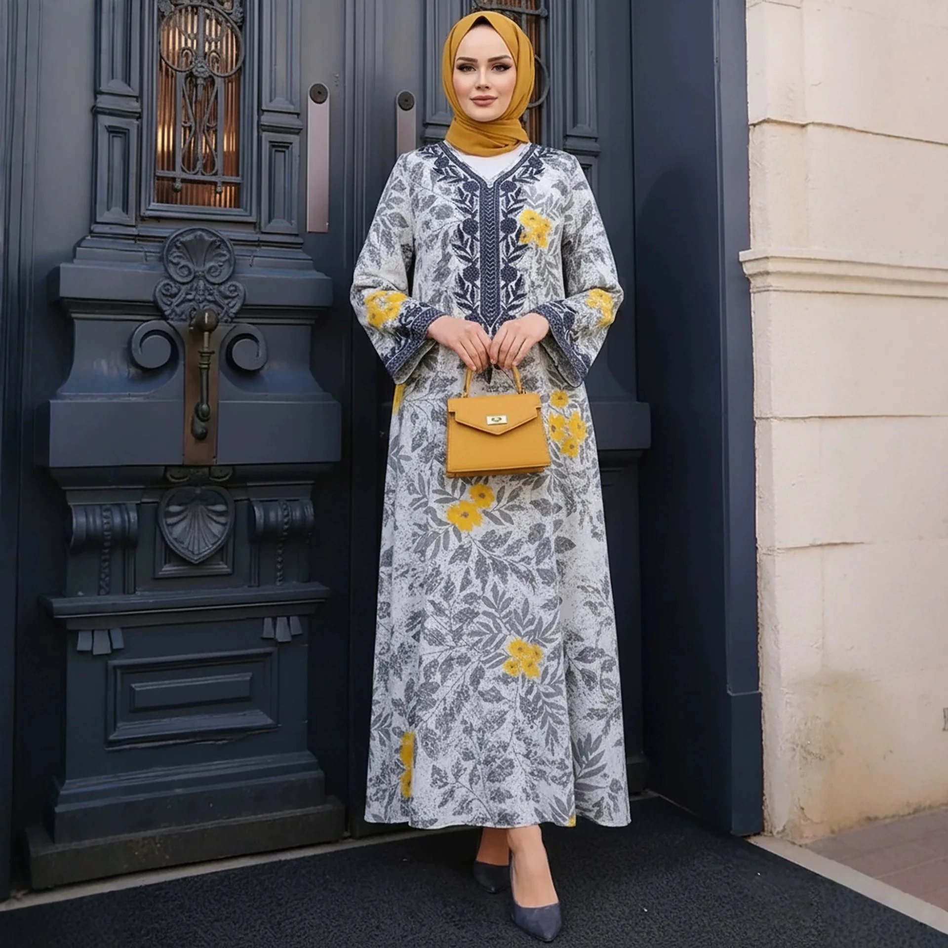 

Ramadan Muslim Saudi Arabian Robe Women's Fashion Positioning Printed V-neck Elegant New Dubai Dress Long Skirt