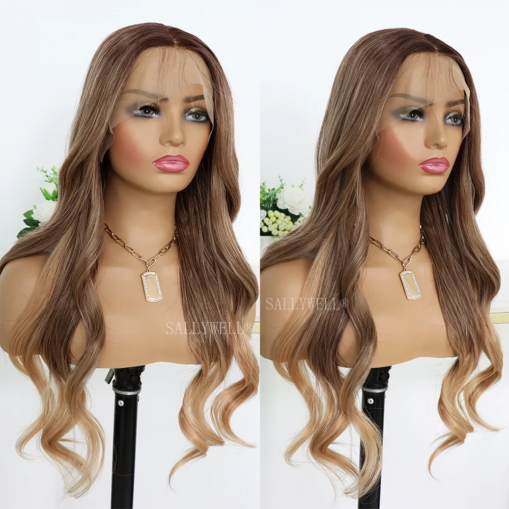 

Ombre Brown Lace Front Wig Long Wavy Wig 3 Tone Brown to Blond Wavy Wigs for Women Synthetic Heat Resistant Party Wig