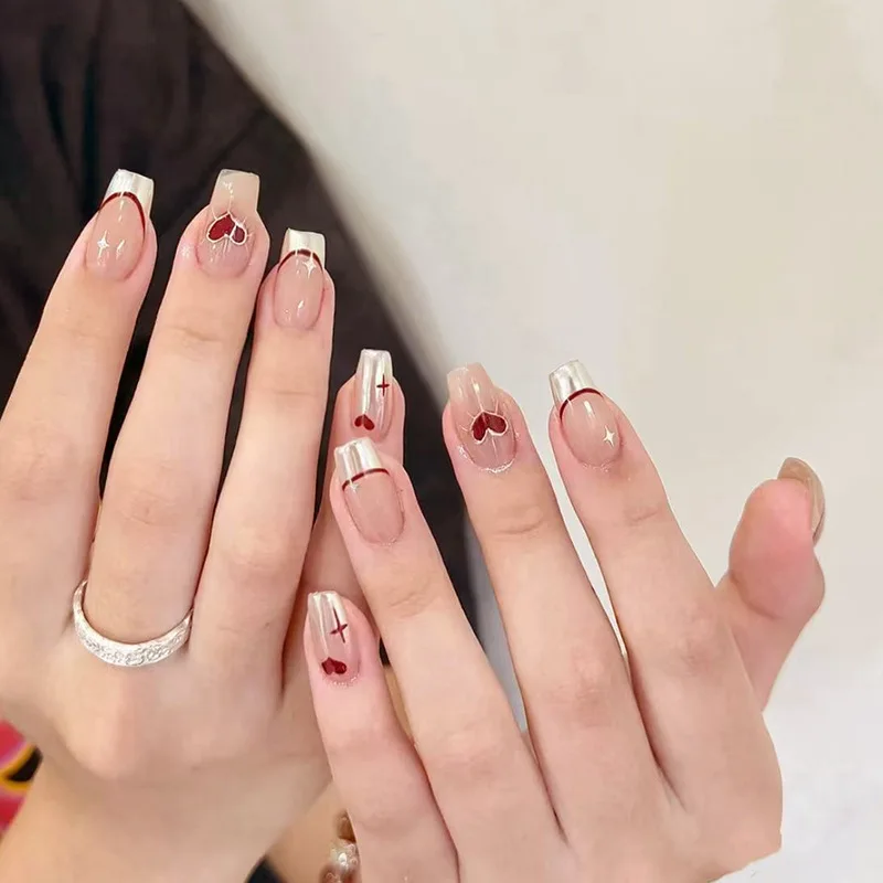 

24pcs Medium Coffin Press-On Nails - Luxe French Red Hearts With Silver Outline Minimalist Elegance (Multi-Size Fit)