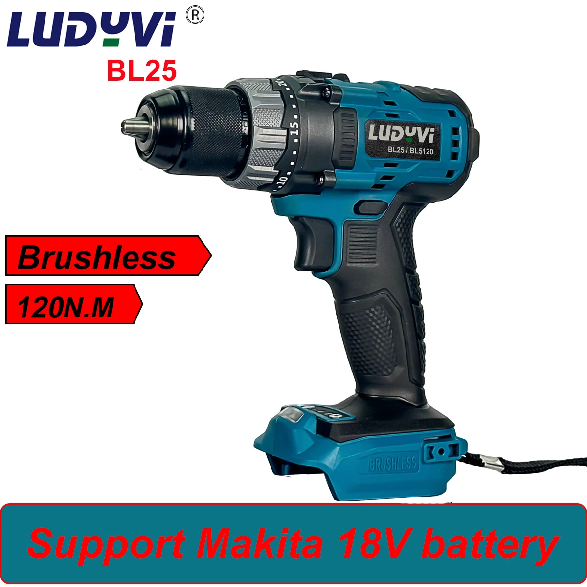 สว่านไร้สาย18V แบบไร้แปรงถ่านรองรับแบตเตอรี่ Makita 18V ไขควงไฟฟ้าทรงพลังขนาด13มม. 120N/ม. 25 + 3แรงบิด