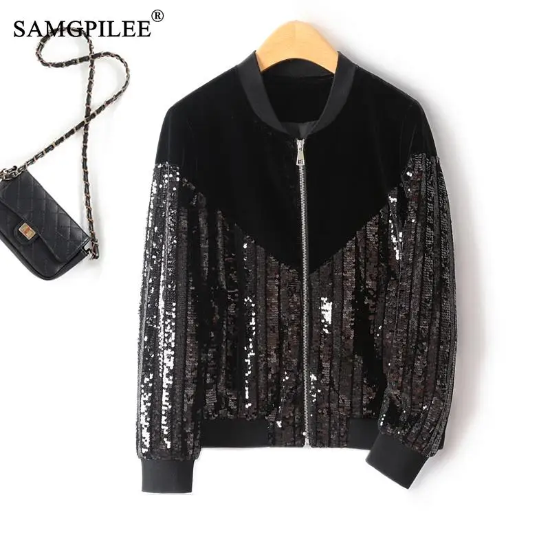 

2023 Autumn New Jacket For Women European Heavy Industry Sequined Baseball Jersey Craft Velvet Splicing Straight Woman Clothing