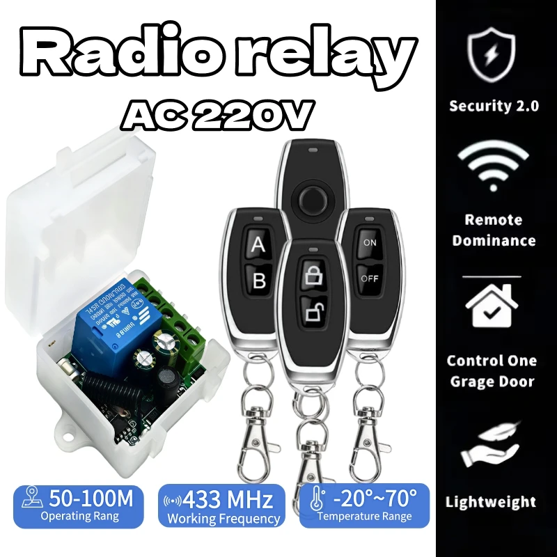 AC220V 433MHz Radio Relay RF Remote Switch Kit with Remotes 50-100M for Garage Door Lamp Pump Home Appliance