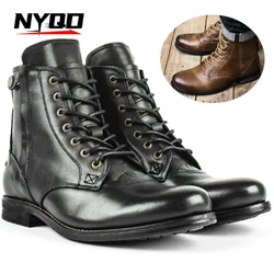 Men Non-slip Motorcycle Boots Thick Soled Knight Boot Men Retro Leather Shoes Outdoor Side Zipper Training Ankle Boots Plus Size