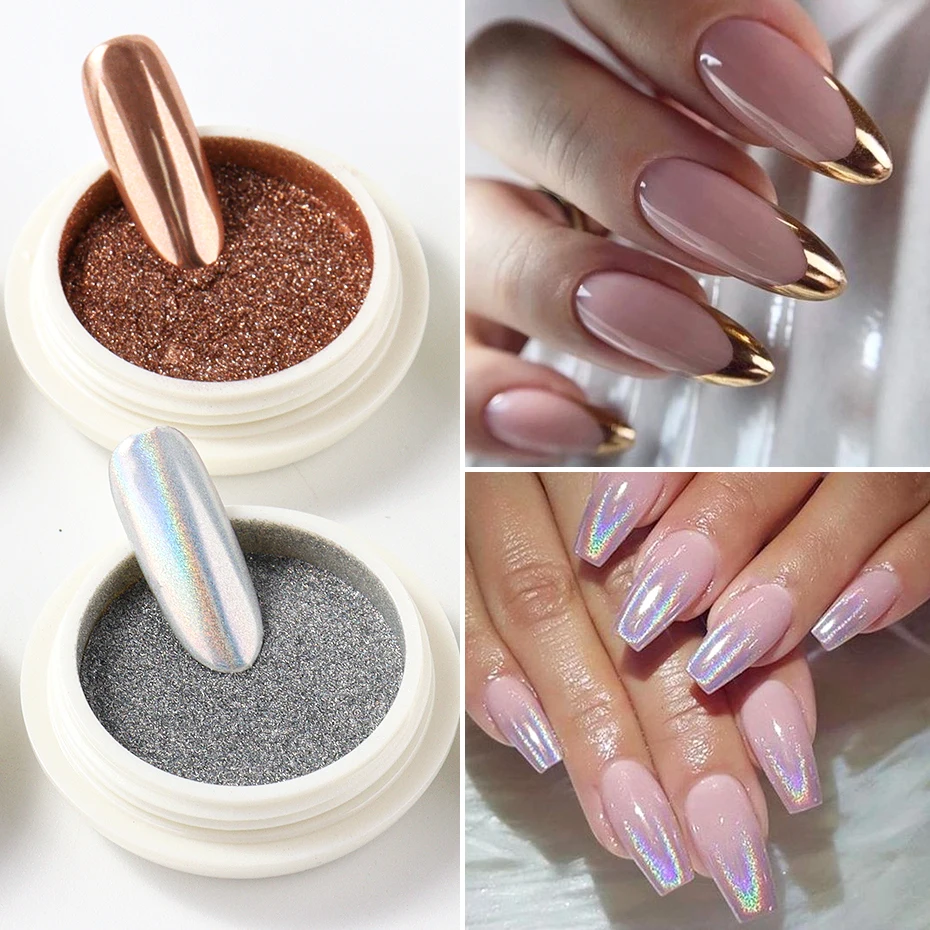 6 piezas de polvo de uñas blanco espejo cromado, pigmento dorado y plateado, holográfico, aurora, iridiscente, metálico, decoración de arte de uñas 4