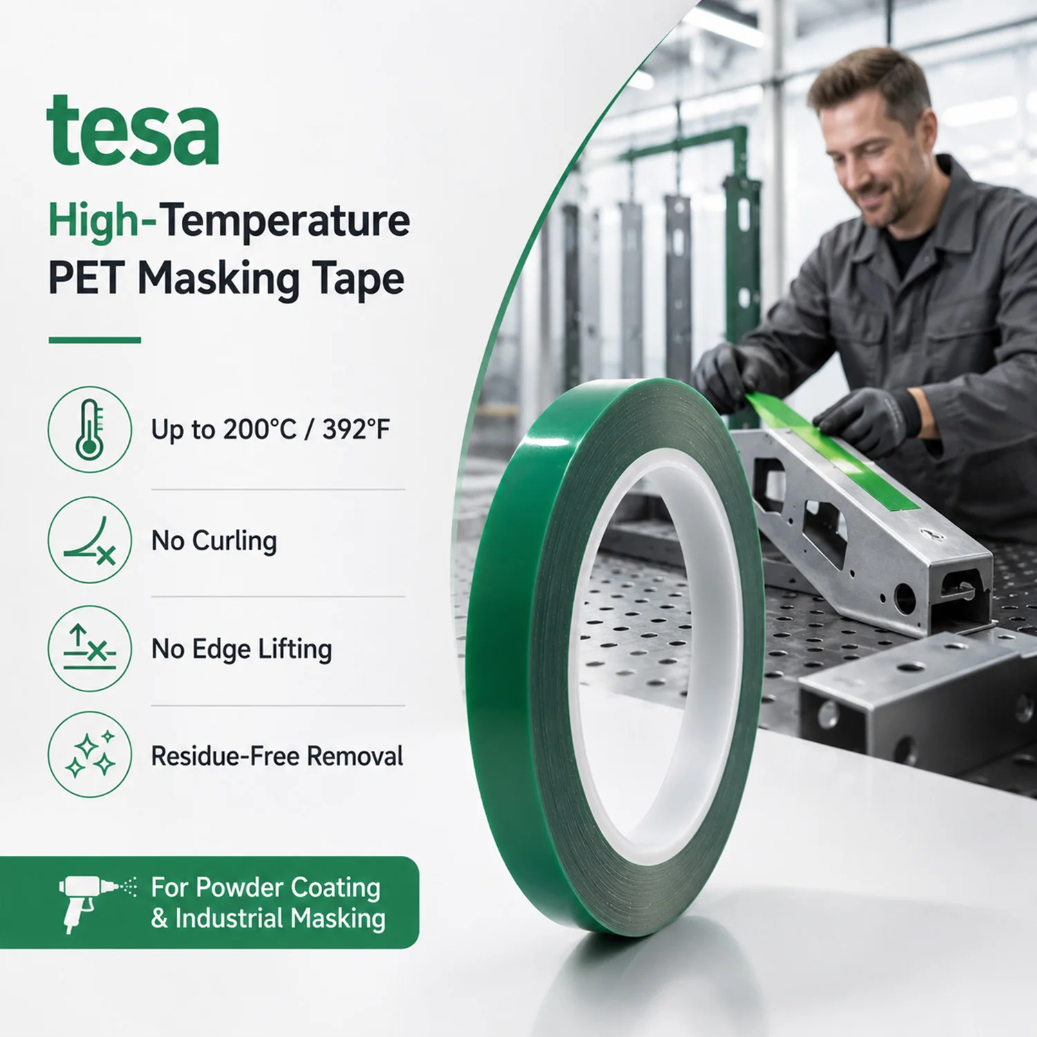 Tesa Green PET High Temperature Masking Tape 200℃ Continuous / 230℃ Short-Term Residue-Free Anti-Tin Penetration for PCB Reflow