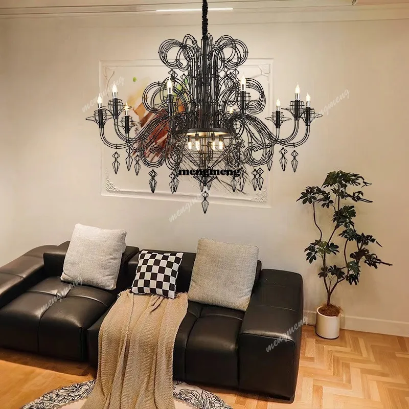 

French retro living room chandelier villa stairs empty American iron art decorative lamp
