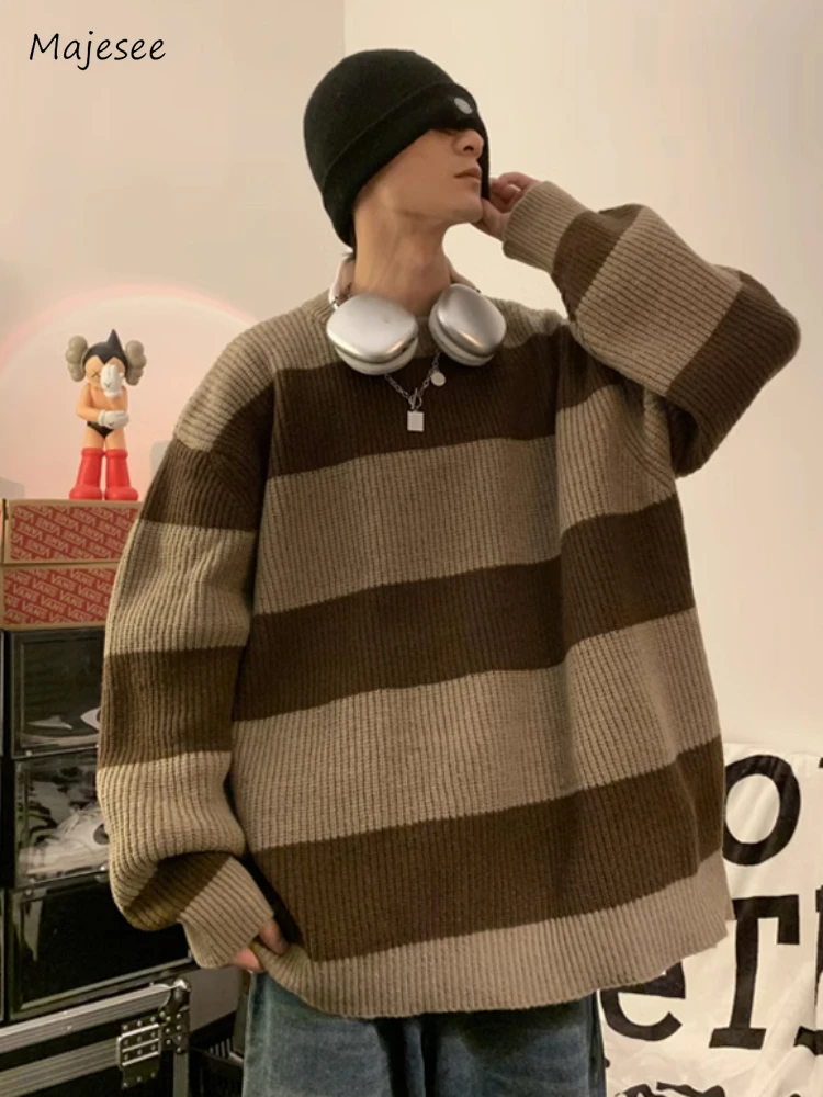 

Striped Sweaters Men Autumn Slouchy All-match Japanese Style Males Knitwear High Street Advanced Temperament Pullovers Daily New