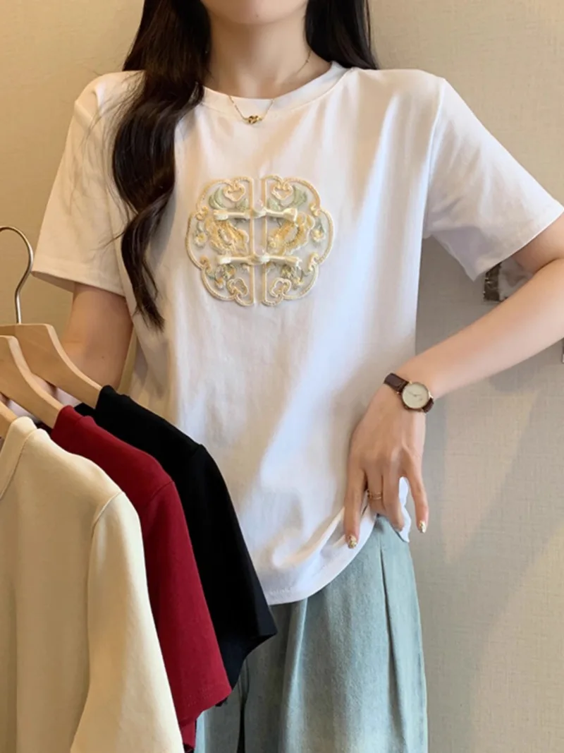 Miiiix New Chinese Style Embroidered Short Sleeved T-shirt for Women's 2024 Summer Round Neck Commuting Top Female Clothing