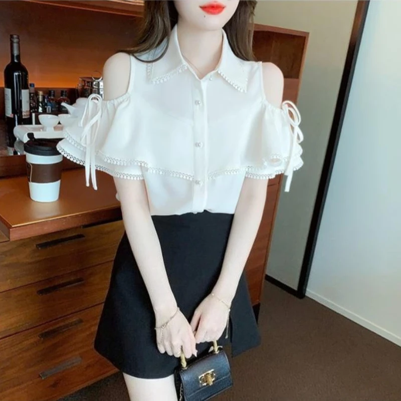 

Женская шифоновая рубашка 2026: Новинка лета, с рюшами, воротник поло, универсальный дизайнерский стиль, короткий рукав