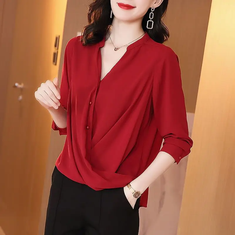 2024 Spring New Women's Style Shirt Fashionable and Loose Covering the Stomach Slimming V-neck Simple and Fashionable Chiffon