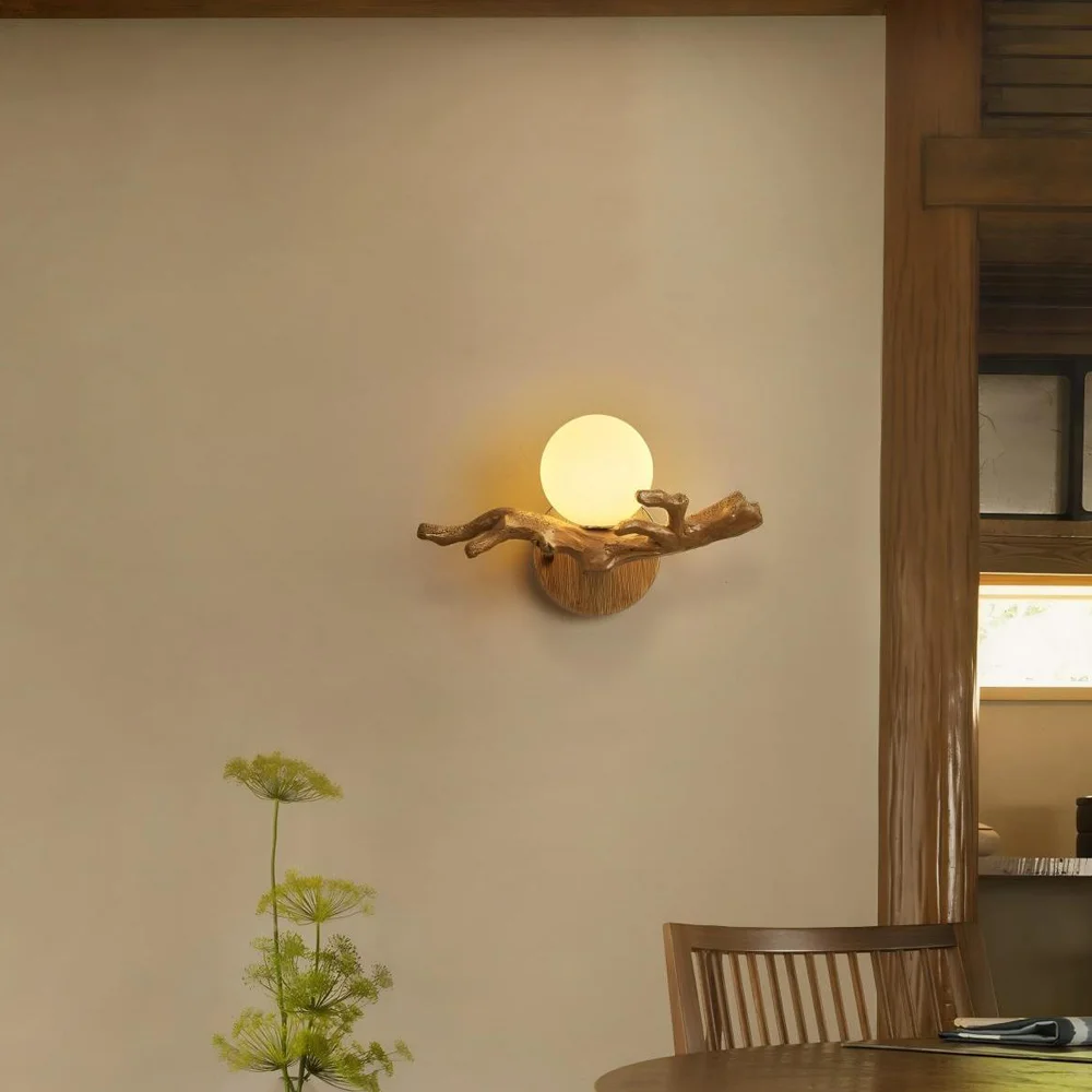 

Vintage Rustic Wood Grain Resin Wall Light Globe Glass Ball LED Wall Sconce for Home Indoor Bedroom Corridor Living Room Decor