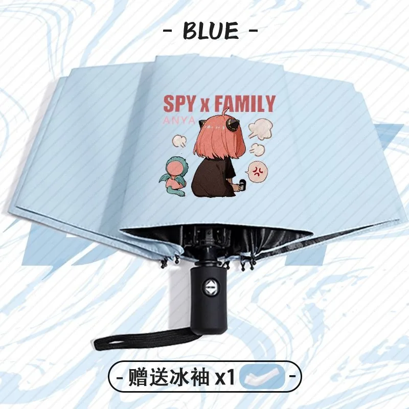 أسود أبيض أزرق جاسوس x Family، أنيمي شعبي لطيف Kawaii تشيبي، مضاد للأشعة فوق البنفسجية، مظلة مدمجة للسفر المطر التلقائي للنساء والطفل