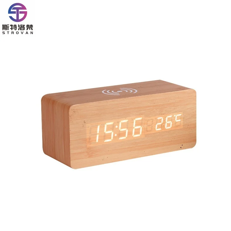 Creative Digital Wireless Charging Wooden Alarm Clock with LED Clock Voice-Controlled Thermometer Multifunction Chargers