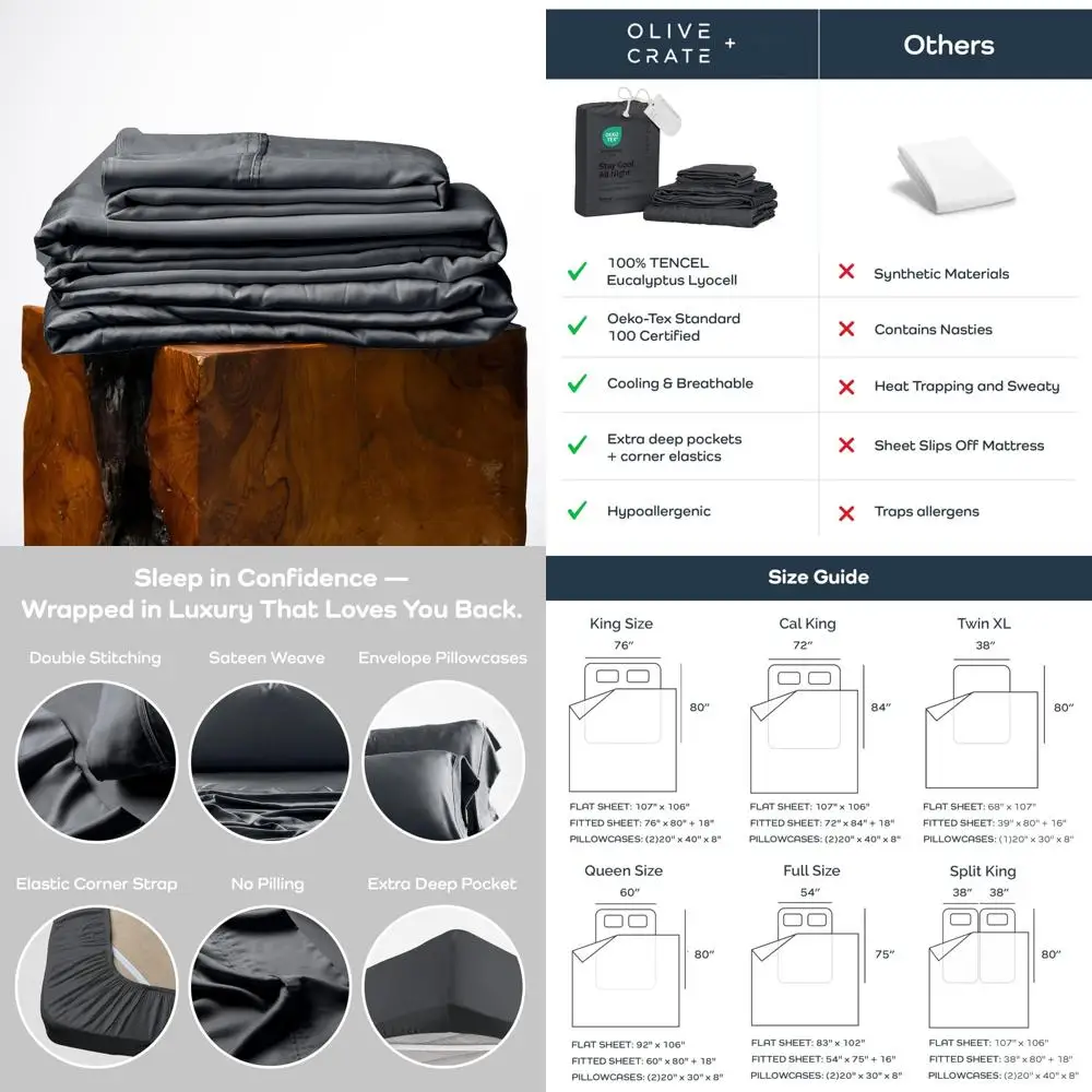 

Organic Tencel Queen Sheets Set with Eucalyptus and Olive - Cooling Hypoallergenic Bedding for Hot Sleepers