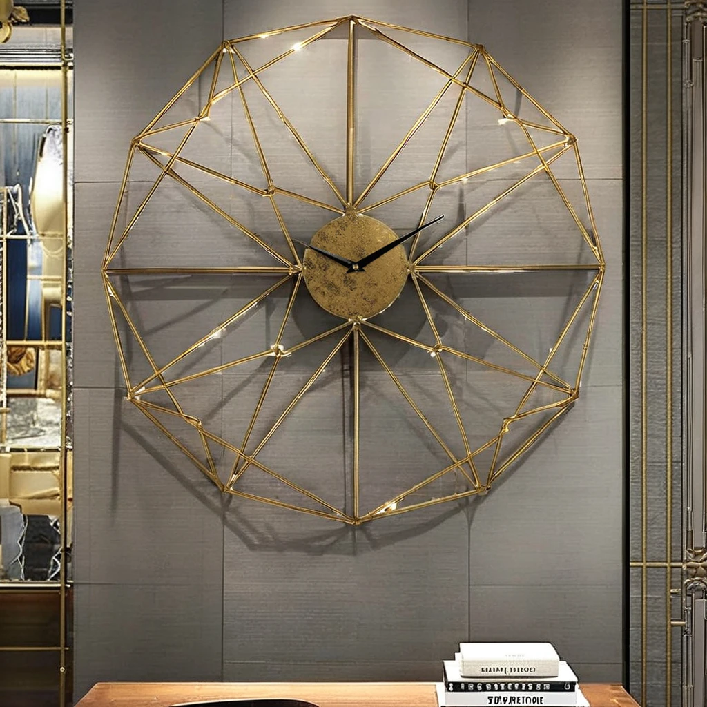 Golden Iron Minimalist Fashion Metal Wall Clock Polygon Mesh Strip Decorative Home Decor Living Room Contemporary