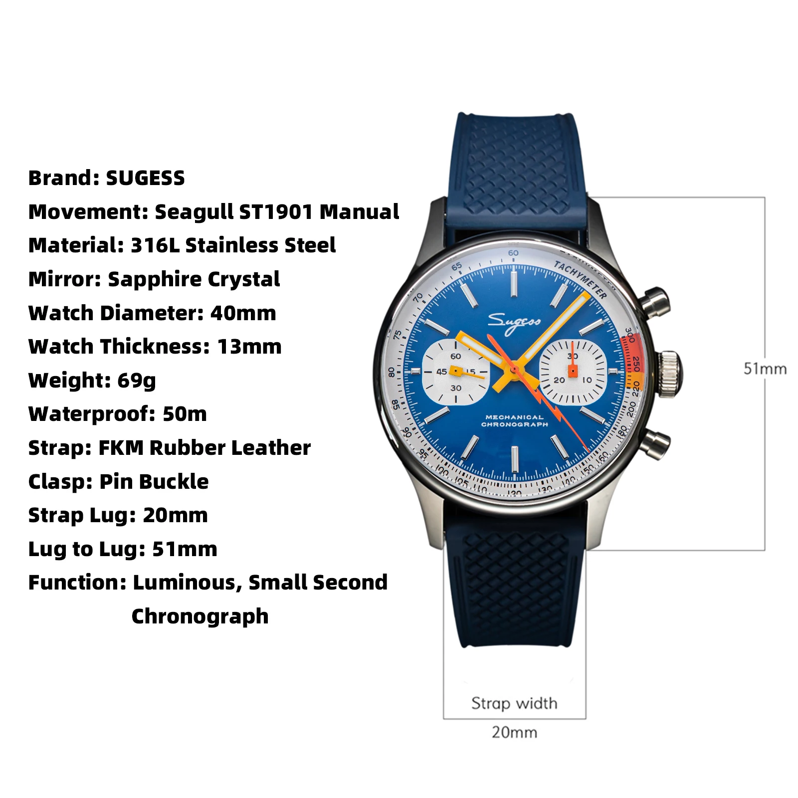 Sugess 1963 Pilot Chronograp Wristwatches Classic Chronograph Watch ST19 Original Swaneck Movement Sappire Crystal Ttime Racing