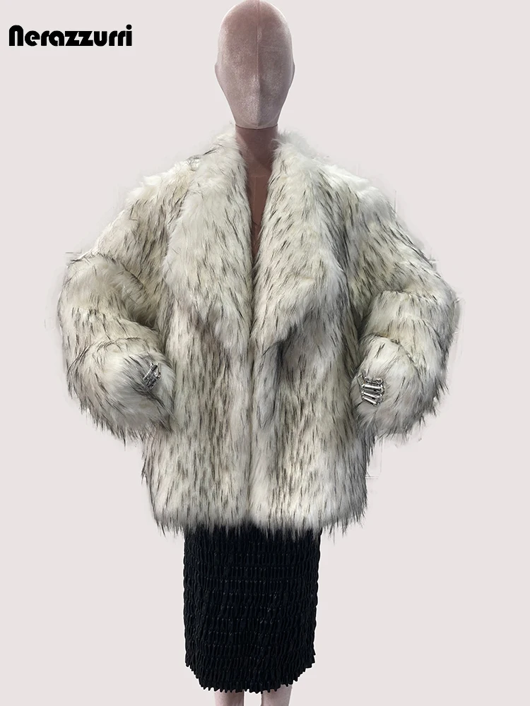 Nerazzurri Winter Oversized Shaggy Hairy Soft Fluffy Thick Warm White Faux Fox Fur Coat Women Loose Casual Runway Fashion 2024