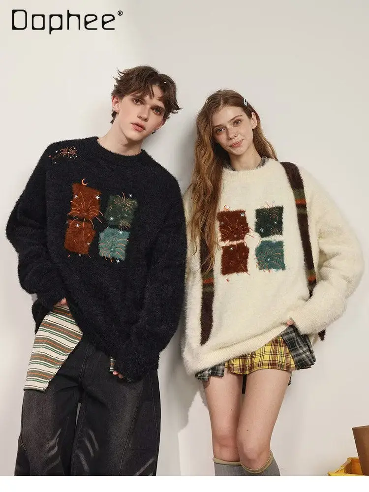 

Осень-зима 2022, новый мужской теплый черный жаккардовый вязаный свитер с круглым вырезом, свободный повседневный абрикосовый свитер в парном стиле