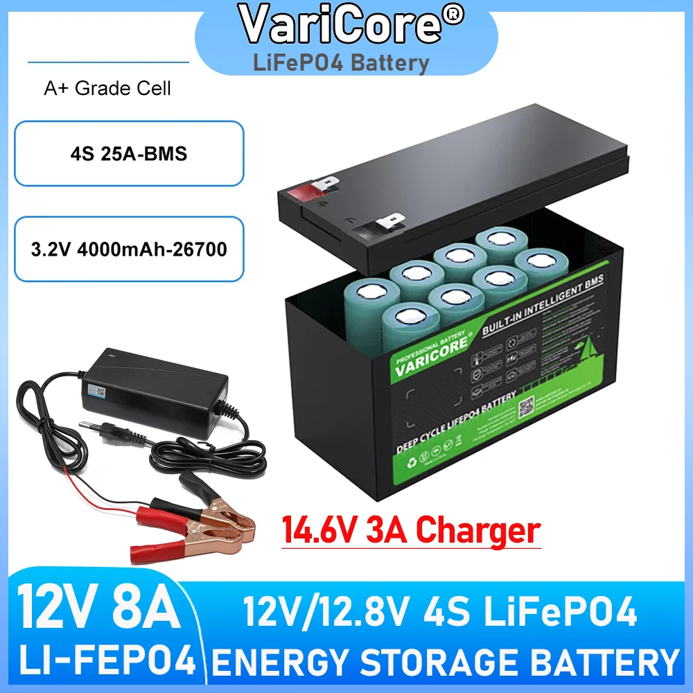 بطارية VariCore 12.8 فولت 8 أمبير LiFePO4 32700 12 فولت ليثيوم ذات دورة عميقة BMS حماية لخلية تخزين الطاقة الزراعية 4S