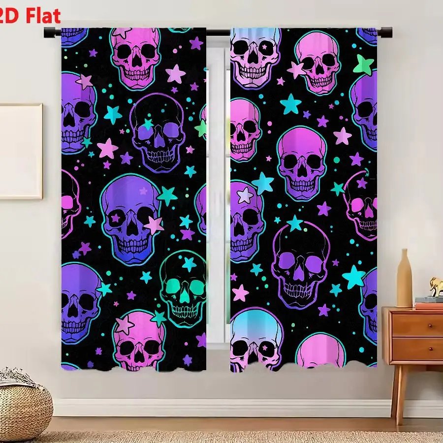 2Pcs Curtains 2D Flat Vibrant Seamless Pattern With Neon Skulls Stars And Dots On Black Background Window Drapes for Bedroom Roo