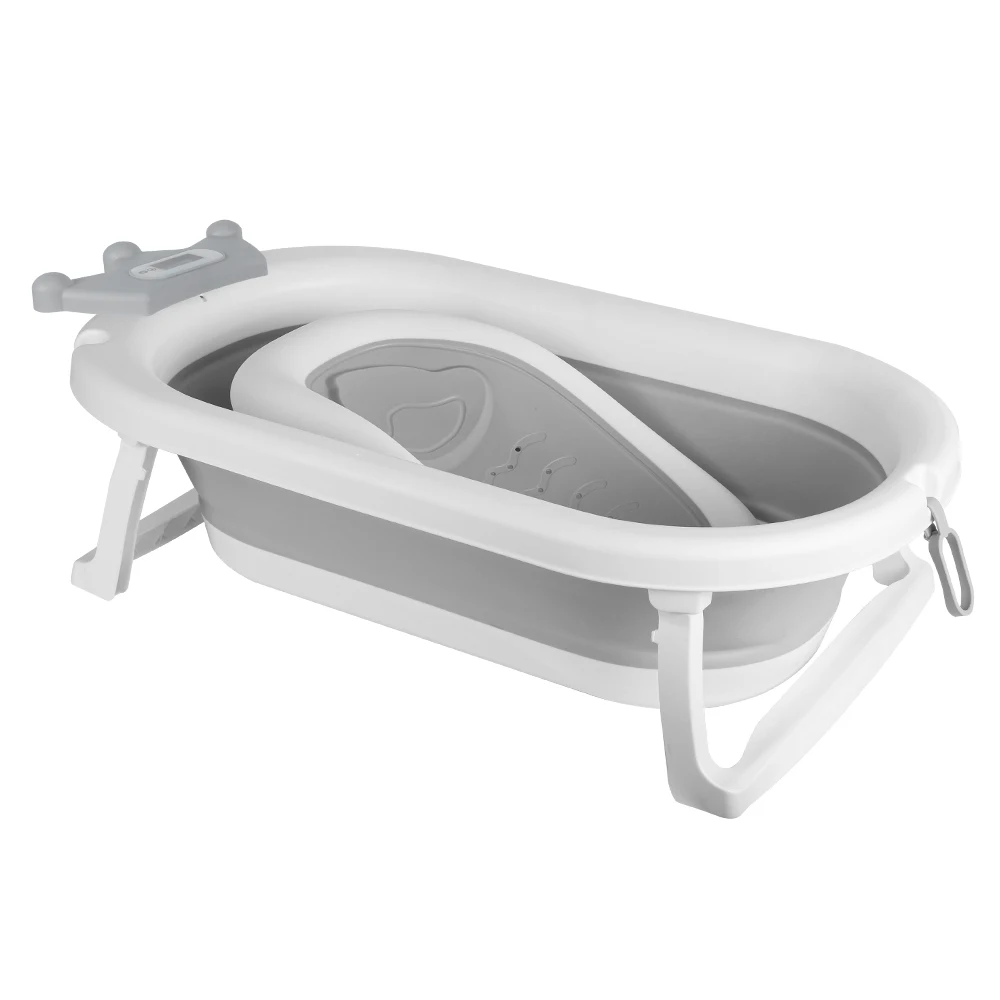 Foldable Bathtub Suitable for Babies 0-36 Months, Ergonomic and Space-Saving, with Water Thermometer, Seat, Bath Cap, 82 X 43 X 20 Cm, Grey, Bear/Crown/Rabbit/Leaf