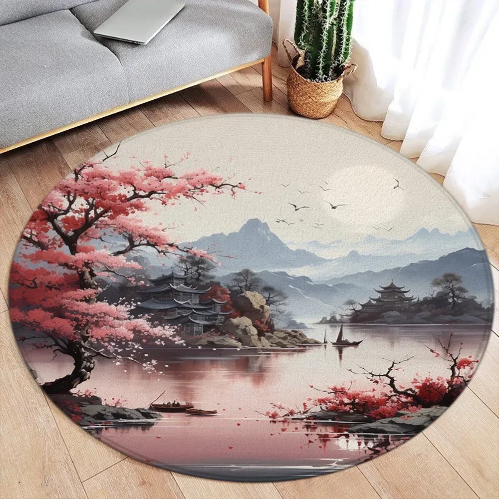 Round Rug – Koi Lotus Cherry Blossom Ink Art Carpet for Living Room Bedroom Home Decor