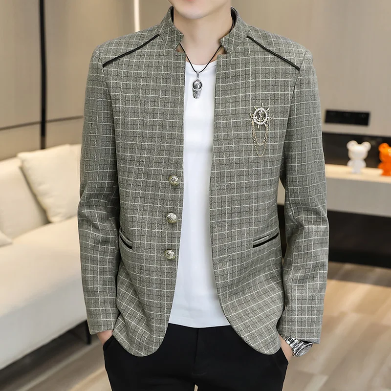 

Blazer Men's Thickened Checkered Fashionable Business Wedding Slimming Gentleman Casual High Upright Suit Stand-up Collar Blazer