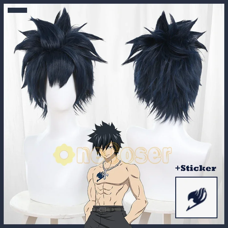 Parrucca cosplay Fullbuster grigia Anime Fairy Tail 100 anni Quest Adesivo tatuaggio Mage Fairy Tail Guild Berretto parrucca capelli corti blu scuro