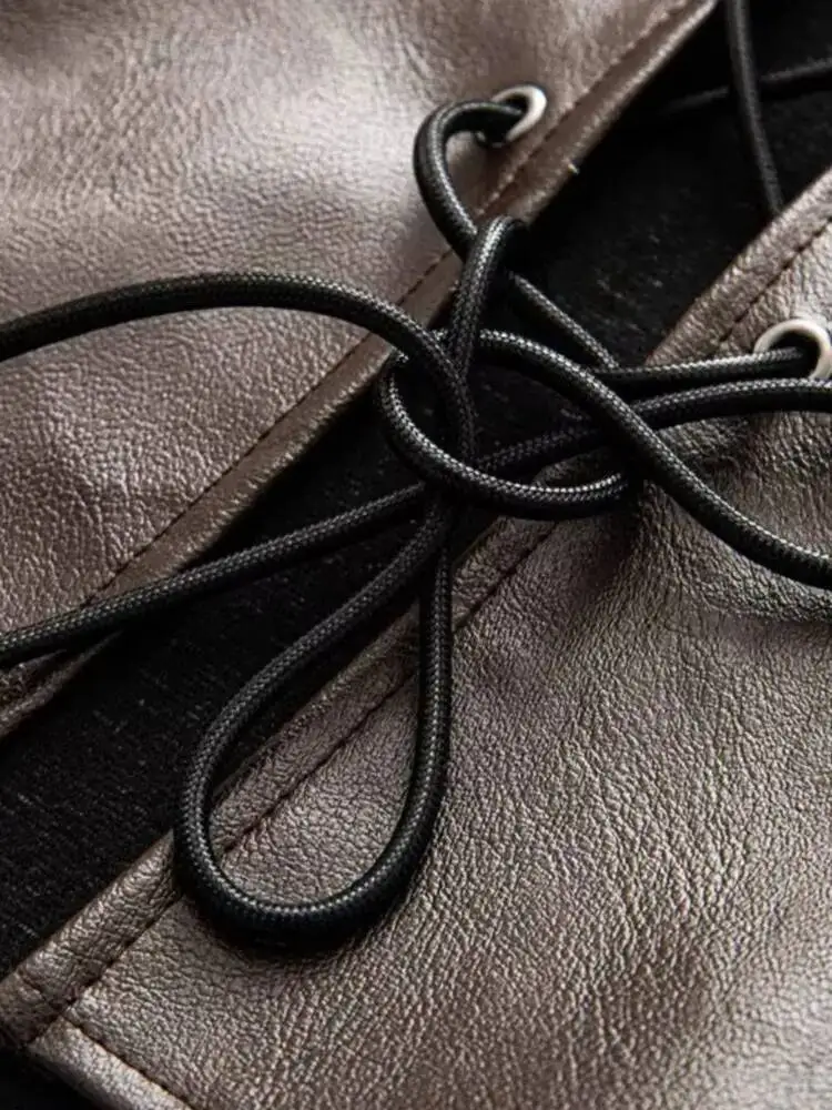 المرأة مثير نادي Gyaru سليم القهوة فو الجلود قصيرة المحاصيل القمم الإناث خمر Y2K موتو السائق بولي Backless تصميم الشارع الدبابات #5