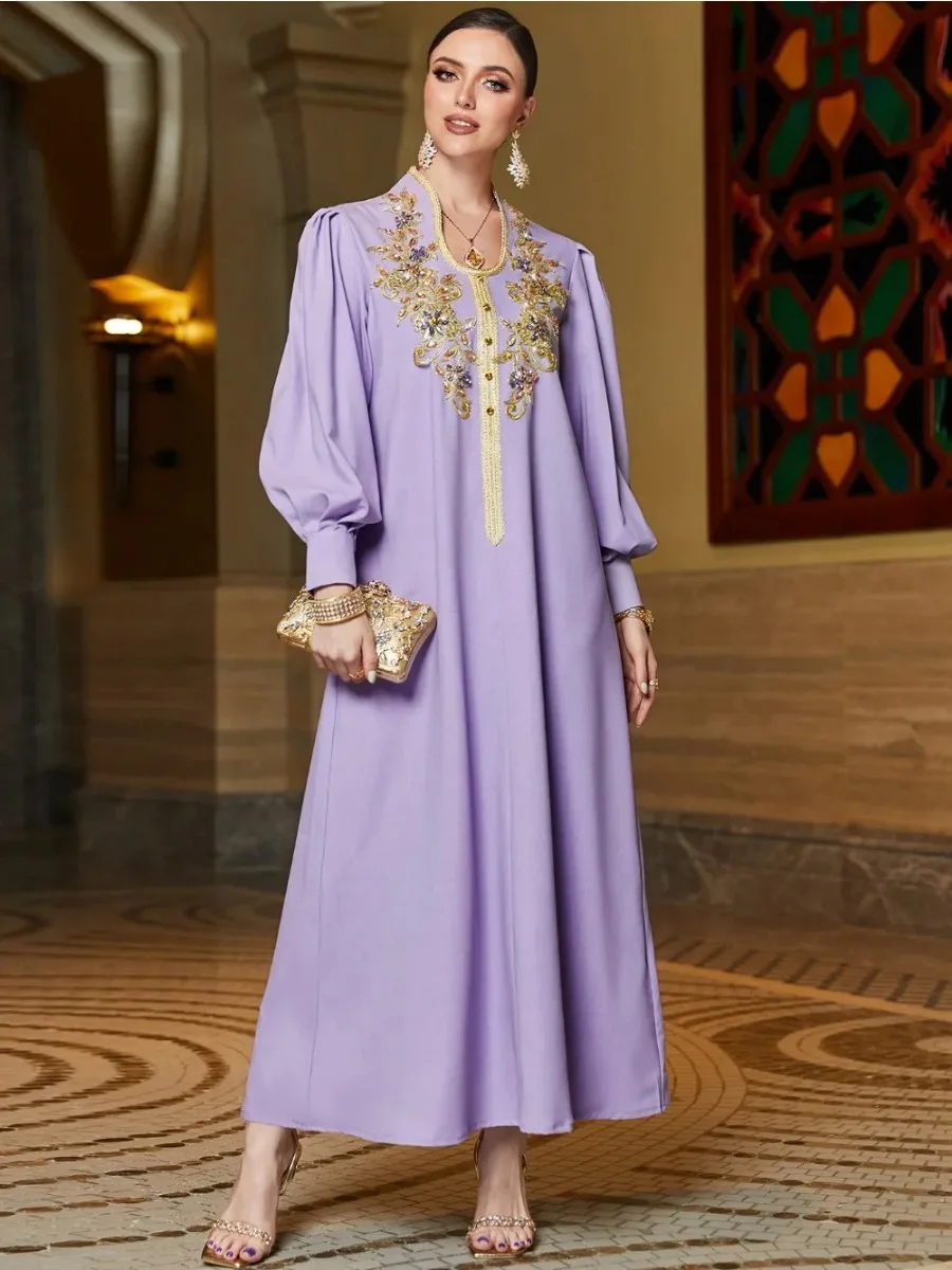 Satin Ramadan Party Dress for Women Mulsim Abaya V Neck Diamond Jalabiya Dress Maxi Robe Moroccan Caftan Party Vestidos 2023