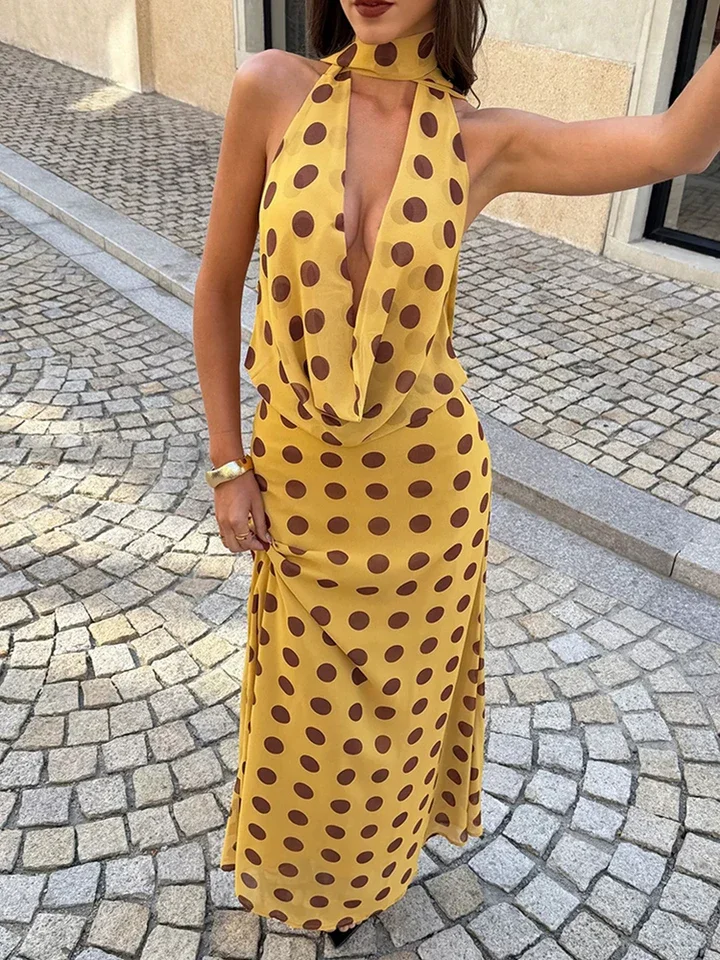 

Summer Beach Vacation Women's Dress Elegant High Waist Backless Pleat Dress Sexy Deep V-neck Sleeveless Polka Dot Printed Dress