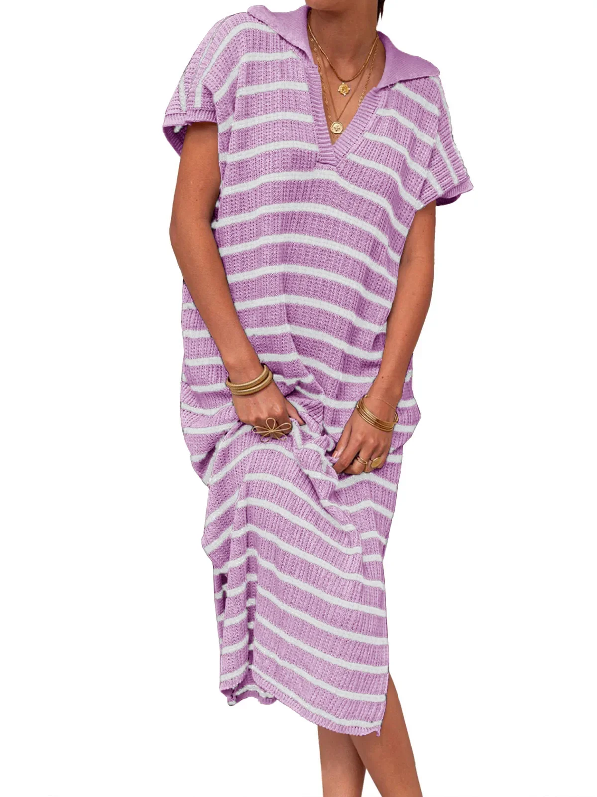 مخطط طباعة المرأة فستان كاجوال أنيق الخامس الرقبة قصيرة الأكمام تي شيرت فستان الصيف النساء فساتين صغيرة الجانب سبليت فستان طويل نحيف