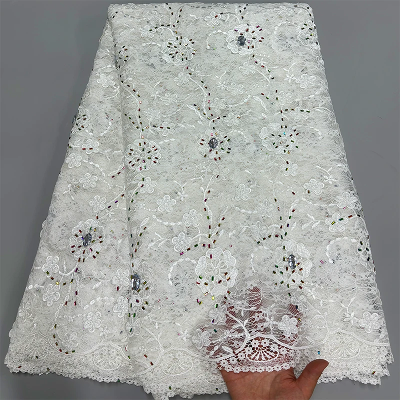

Luxury White Diamond Sequins Guipure Cord Lace Fabric 2026 Latest African Water Soluble Lace For Women Wedding Dress Sew